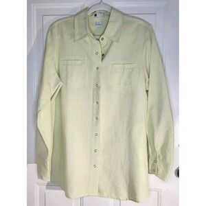 Carole Little 100% Linen Butter Yellow Tunic Blouse XL Snap Front Long Sleeve